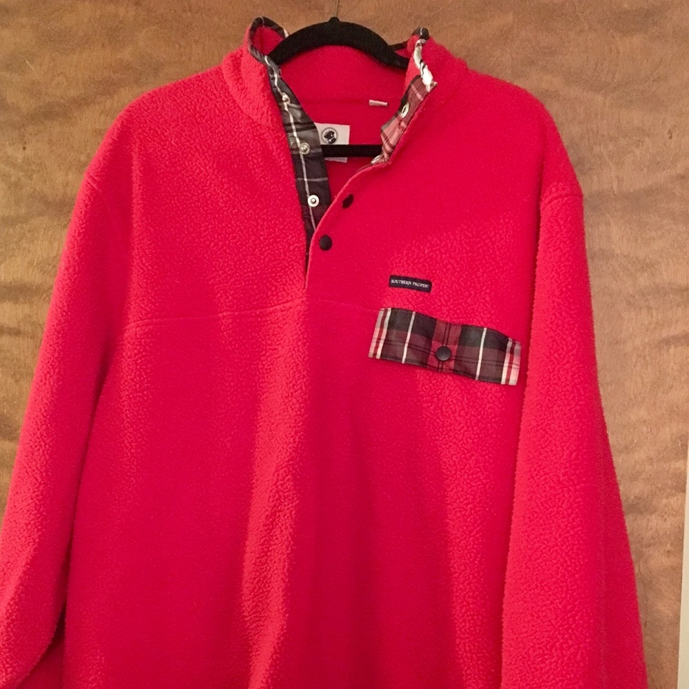 Southern Proper Red Sweater with Plaid Accents